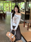 Slanted Shoulder Print Long-Sleeved T-Shirt Girl 2026 Autumn Hottie Slimming Bottom Shirt Inside Knitting Top