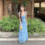 Blue Rose Printed Dress 2025 Summer New Sweet Slim Vacation Style Sleeveless Mid-Sleeve Dress