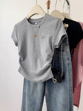 Short-Sleeved T-Shirt Female Gray Love Embroidery Short Model 2025 New Design Embroidery Shoulder Blouse Hottie