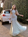 French Green Open-Shouldered Net Yarn Dress Women's Summer 2026 New Temperament Is Beautiful Pocketed And Hip Dress