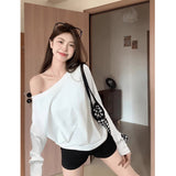 Pure Desire A Word Shoulder Cotton Oblique Shoulder Long-Sleeved T-Shirt Women's Autumn And Winter Loose Bottom Shirt Lazy Chic Beauty Top