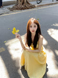 Tea Break French Yellow Sling Dress Women Summer Gentle Wind Seaside Holiday Waist Thin Beach Long Skirt