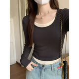 Pink U Collar Pure Lustful Wind Fake Two Long-Sleeved T-Shirt Women's Autumn And Winter Design Sense Of Irregular Color Repair Inside The Top