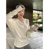 V Collar Bat Sleeve T-Shirt Scimitsed Twist Stacked Long-Sleeved Tee2025 New Thin Low-Collar Top Woman