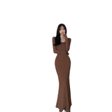 Sexy Long-Sleeved Dress Women's Autumn 2025 New Coffee Dress On The Bottom Of The Dress Body Fishtail Ass Skirt