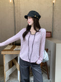 Pink Striped Strap Design Sense Round Collar Long-Sleeved T-Shirt Women Early Autumn Loose Lazy Bottom Shirt Inside The Top