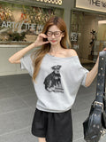 Lazy-Style Puppy Print Design With A Slanted Short-Sleeved T-Shirt For Women's Summer Ootd Beautiful Casual Shoulder Blouse