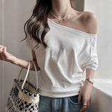 Pure Cotton Shoulder Oblique Shoulder Light Blue Loose Short-Sleeved T-Shirt Women Wear High-End Casual Shoulder Design Top