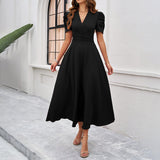 Dili 2025 Spring And Summer Temperament Elegant Solid Color High-Waisted Vneck Solid Color Short-Sleeved Dress Dress Women's Dress