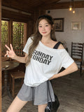 Blue Dopamine Slanted Shoulder-Sleeve T-Shirt For Women's Summer 2026 New Fashion Letter Print Sexy Top