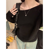 Milk Green Oblique Shoulder Pure Lusty Long-Sleeved T-Shirt Girl Early Autumn Shoulder Relaxation Feeling Lazy Bottom Top