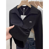 Pure Cotton Shoulder-To-Shoulder Collar Long-Sleeved T-Shirt For Women's Autumn And Winter Polo Collar Pure Desire To Collect Skinny Small Short-Sized Bottom Shirt
