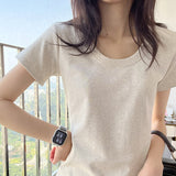 Simple Shoulder U Necker Machine Short-Sleeved T-Shirts Summer New High-End Tight Hottie Short Flying Sleeve Top