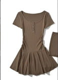 Gray U-Neck Short-Sleeved Dress Woman Summer Small Folded Waist A Skirt Babes Tling Skirt