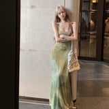 Vintage Cold Light Green Pure Desire Hanging Dress Summer New Printed Dress Temperament Green Niche Thin