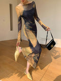 Colored Long-Sleeved Dress Women In Autumn And Winter Knitted Sling Skirt Bottom Skirt Two Sets