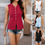 Dili 2025 Spring And Summer Leisure Holiday Style Button-And-Kil Roll Solid Color Sleeveless Top-Suit Woman