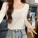 Round Collar Shoulder Cotton T-Shirt Women's Long Sleeves With Autumn New Elastic Slimming Hottie Bottom Shirt
