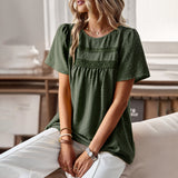 Independent Research And Development Design Round Collar Splicing Top 2025 Spring And Summer Loose Women's Shirt Pure Color