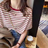 Summer Striped Short-Sleeved Women's T-Shirt 2026 New Pure Cotton Loose Tops Only Special Shoulder Half-Sleeve