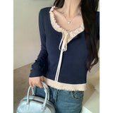 Tibetan Blue French Fake Two Wooden Ears With Long-Sleeved T-Shirts For Girls Early Autumn Hottie Short Bottom Top