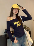 Slanted Shoulder Letter Print Long-Sleeved T-Shirt Girl 2026 Early Autumn New Folded Body Design Feel Shoulder Strap