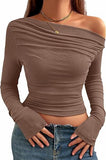 New Sexy Folded Shoulder Jacket Long Sleeves Out Asymmetrical Umbilical Folding T-Shirt Style Short