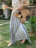 Blue Lattice Half-Dress Woman 2026 Spring And Summer Set Design Bump Color Splicing High Waist Hanging Feeling A Word Long Skirt