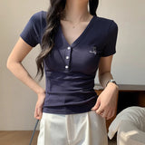 Blue Shoulder V-Neck Chic Embroidered Short-Sleeved T-Shirt For Women's Summer New Design-Scuffed Shoal Blouse