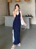 French Holiday Style Blue Hanging Neck Hanging Flower Joint Dress Women's Summer 2026 New Open Lace Dress