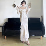 2025 French Three-Dimensional Flowers With Long-Sleeved Dress Dress Women Pure Lust Lace To The Waist Of Thin Fish Tail Long Dress