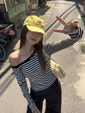 Black And White Striped Oblique Shoulder Long-Sleeved T-Shirt 2026 Spring Chic Beautiful Hot Girl Style On The Shoulder