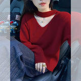 Korean Unique Beautiful Red Hanging Neck Knitted Women 2025 Autumn New Temperament Elegant Thin Sweater