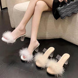 Large-Size Women's Shoes 2025 New Crystal Coarse And Skirt High Heel Slippers Wearing Fur Cold Slippers Women