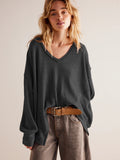 V-Necked Fashion Casual Waffling Shoulder Sleeves Sweater Movement Languid Autumn And Winter Top