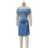 Women's Clothing 2025 Summer New Sexy Shoulder Mesh Splicing Body Folding Short Dress Woman