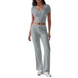 Dili 2025 Spring/Summer Women's Y2K Sports Casual Style U-Neck T-Shirt Trousers Knitted Two-Piece Set