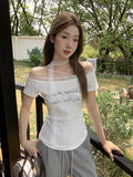 Korean Pure-Willed Windy Oblique Letter Print Folded Short-Sleeved T-Shirt For The Summer New Lace Ribbon Belt Waist Top