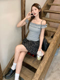 Spice Girls Sexy One-Word Collared Shoulder Wood Ear Pure Desire Short-Sleeved T-Shirt Girl Summer New Super-Good-Looking Repair Body