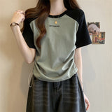 Vintage Shoulder-Sleeved T-Shirt Women's New Summer Design Small Drawstring Thin Cotton T-Shirt
