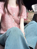 Korean Version Of The Design Sclenient Hook Flower Short-Sleeved Knitted Shirt For Women's Summer New Loose Gentle Wind Pink Age Reduction Top