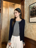 Korean Version Of The Color Stripe Splicing Two Long-Sleeved T-Shirts Early Autumn Collar Design Feeling Tie-Up Shirt