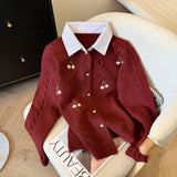 Special Counter Withdraws The Standard-Cut Fake Two-Piece Shirt-Collar Sweater Coat Women's Autumn And Winter New College Soft-Creating Knitted Open Shirt