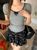 Round Collar Collar Collar Collar Collar Collar Thin Short-Sleeved T-Shirt Girl Spring And Summer Bow Tie With Straight Shoulder To Put On The Top
