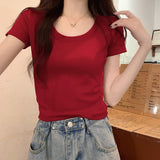 Wine Red White Thin Short Top Woman 2026 Summer New Cotton Shoulder Cover Meat Short Sleeve Bottom T-Shirt