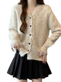 Korean Version Of Loose Lace Splicing V-Neck Sweater Coat Women Autumn Thick Chic Atmosphere Soft Knitting Top