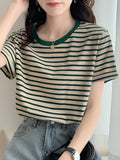 Pure Cotton Short-Sleeved Horizontal Streak T-Shirt Women's Summer 2025 New Loose Half-Sleeved Sympathize Casual Bottoming Shoulder Coat