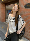 Korean Pure Desire To Write A Shoulder-Slanted Letter Printed Short-Sleeved T-Shirt For Women's Summer New Loose Thin Blouse