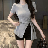 Pure Cotton Shoulder Oblique Shoulder Light Blue Loose Short-Sleeved T-Shirt Women Wear High-End Casual Shoulder Design Top