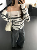 Vintage Stripe Splicing Long-Sleeved Knitted Cardigan Women 2026 Autumn Single-Dcupuncture Design Top